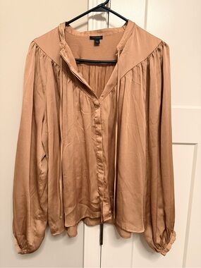 Ann Taylor Satin-Look Button Front Blouse in Light Tan
